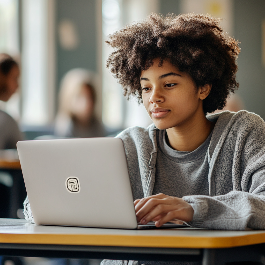 Młoda kobieta z kręconymi włosami skupiona na laptopie w jasnym, casualowym miejscu pracy.