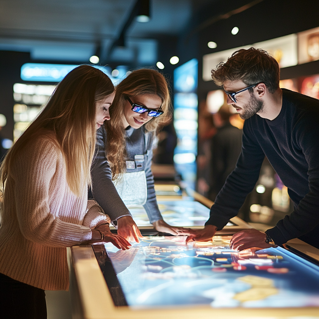 Trójka przyjaciół angażujących się w interaktywne ekrany w nowoczesnej przestrzeni wystawowej.