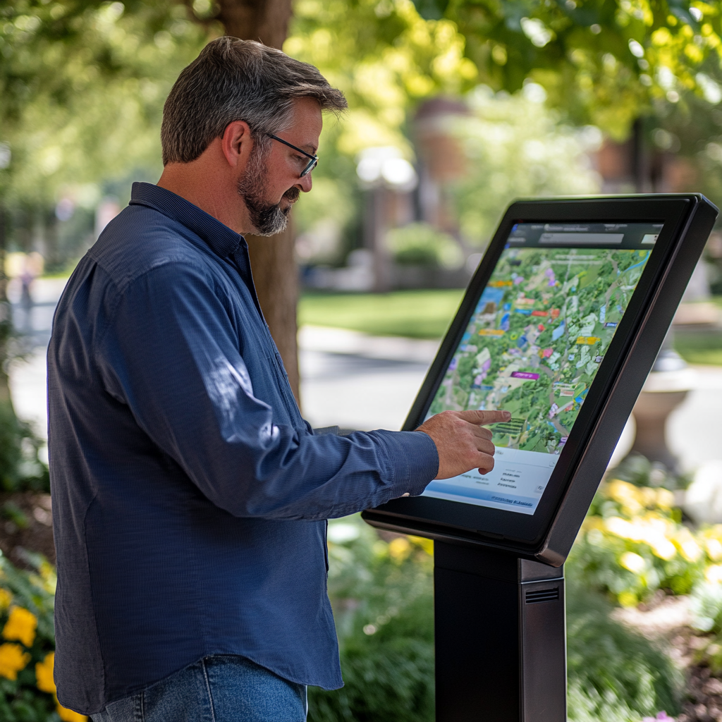 Mężczyzna interakujący z cyfrową mapą w parku, otoczony drzewami i kwiatami.