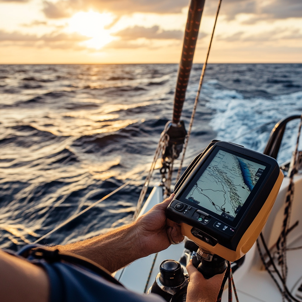 Żeglarz używający urządzenia GPS na łodzi o zachodzie słońca z falami oceanu w tle.