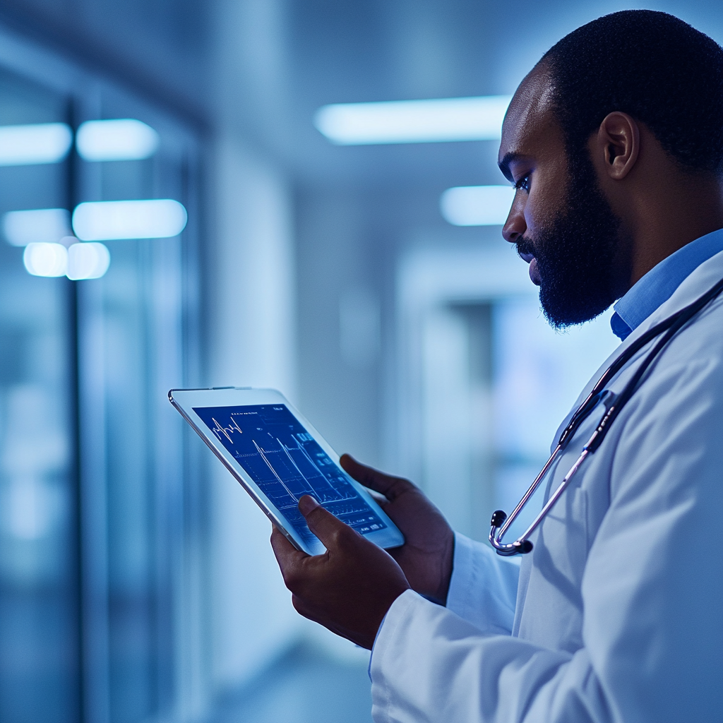 Lekarz analizujący dane pacjenta na tablecie w nowoczesnym korytarzu szpitalnym.