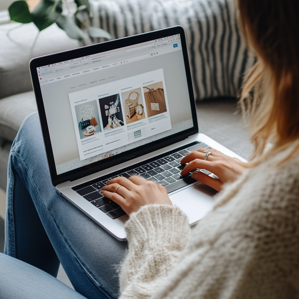 Osoba pisząca na laptopie, przeglądająca kreatywne pomysły na projekt na przytulnej sofie.