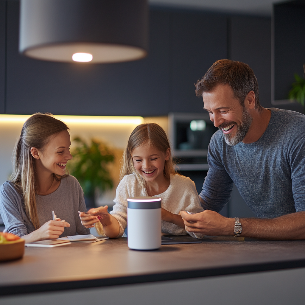 Rodzina spędzająca czas razem w nowoczesnej kuchni, śmiejąca się i korzystająca z urządzenia.