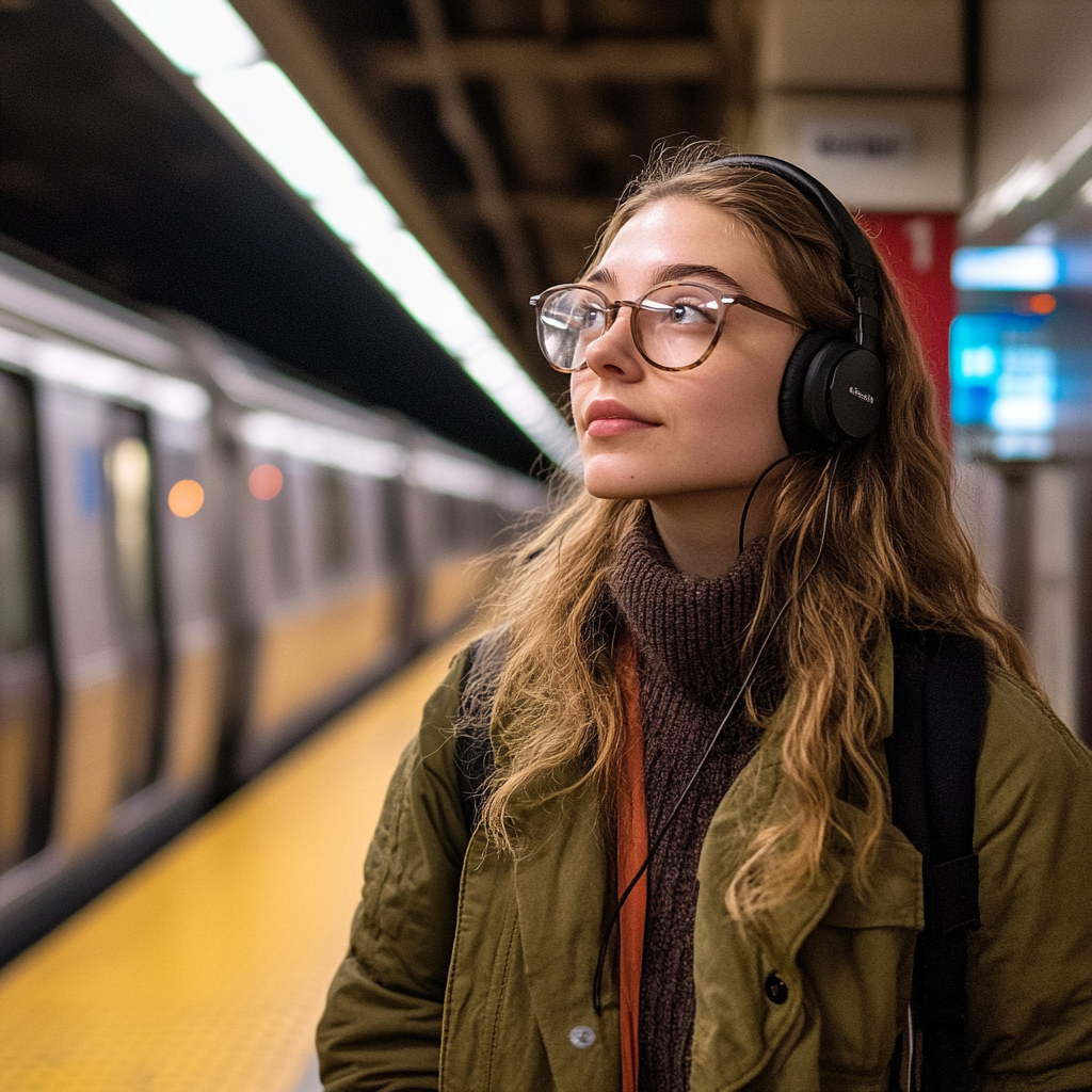 Młoda kobieta w okularach i słuchawkach czekająca na stacji metra.