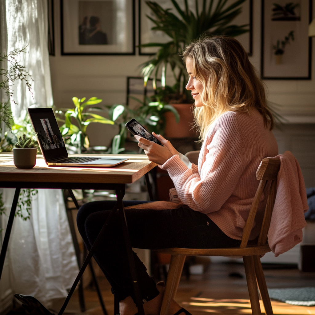 Kobieta siedząca przy biurku, korzystająca ze smartfona, z laptopem i roślinami w przytulnym pomieszczeniu.