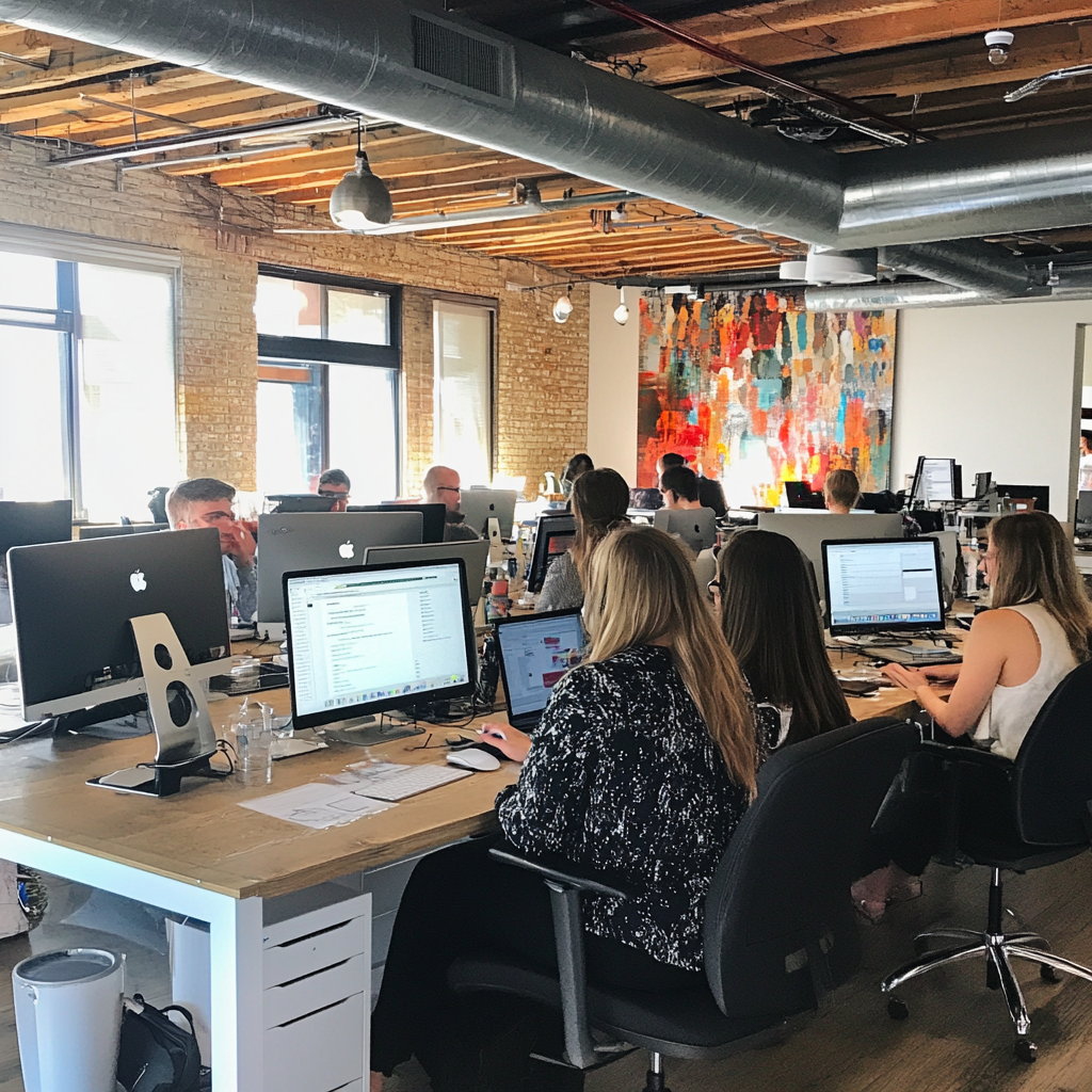 Otwarta przestrzeń biurowa z profesjonalistami pracującymi przy komputerach i kolorowa sztuka w tle.