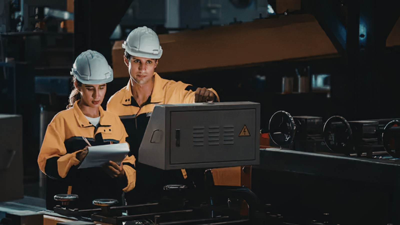 Two factory workers wearing hard hats inspecting information on a display next to industrial machinery.