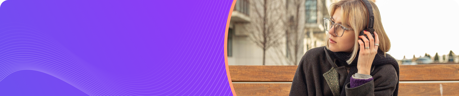 Young woman wearing headphones, enjoying music outdoors, with a vibrant purple background.