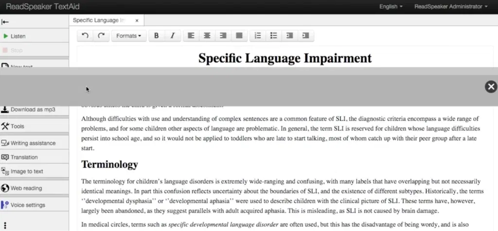 Technologia wspomagająca dla osób z dysleksją: zrzut ekranu przedstawiający interfejs użytkownika w narzędziu TextAid firmy ReadSpeaker z linijką do czytania.