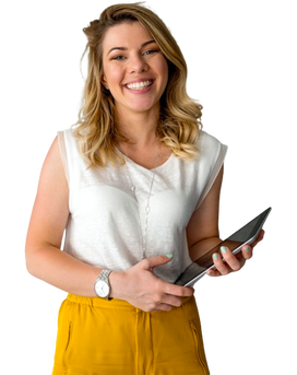 A business woman smiles while holding a tablet in her hands