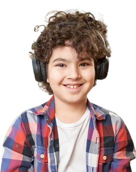 Smiling young boy wearing headphones