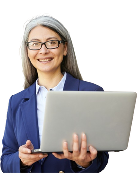 Mature businesswoman wearing classic suit and glasses looking at laptop