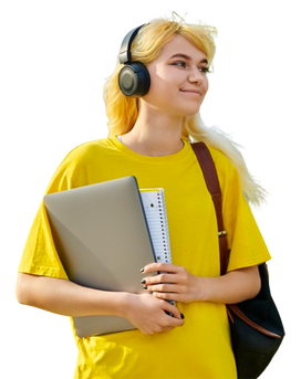 A teenage student with a computer in her arms