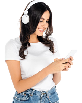 Smiling young woman with headphones using smartphone