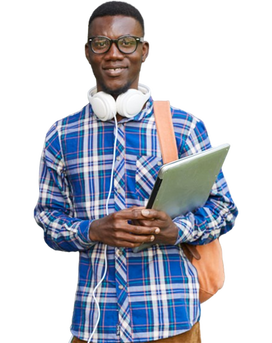 Black young man with headphones and a laptop