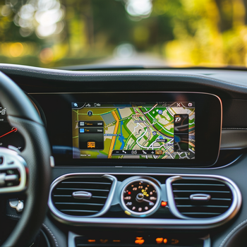 Close up of the dashboard and head unit in a modern Mercedes SUV with map on screen during the daytime. The map on the head unit's screen is displayed in the style of modern Mercedes SUV navigation systems.