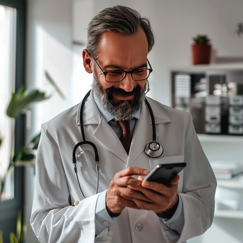 Portrait of middle aged male doctor using smartphone in clinic, wearing white coat and glasses with beard smiling while looking at phone screen in office. Man doing online research on mobile device in medical setting.