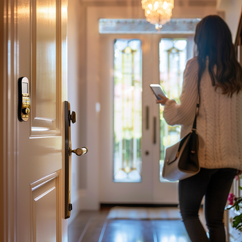 A woman holds a smartphone in her hand in front of the front door of a house.