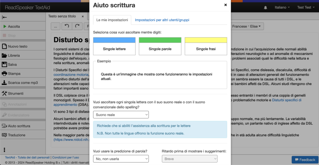 Tecnologia assistiva per la dislessia: Schermata dell'interfaccia utente di ReadSpeaker TextAid che mostra le funzioni di assistenza alla scrittura.