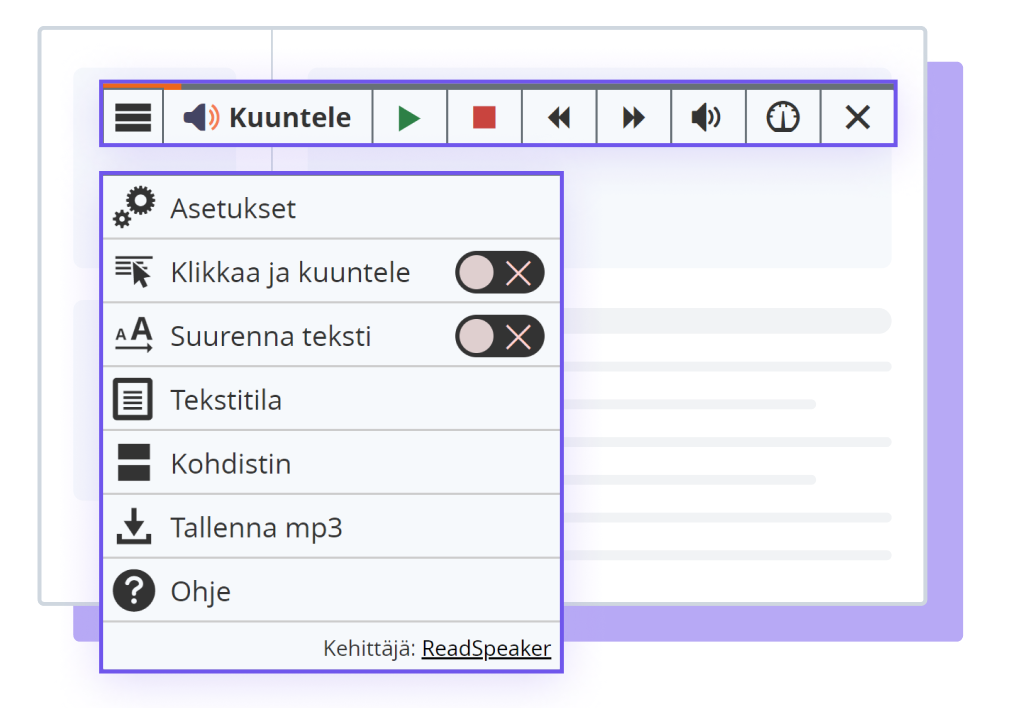 ReadSpeaker webReader -työkalun kuva, jossa näkyy vaihtoehdot ja asetukset.