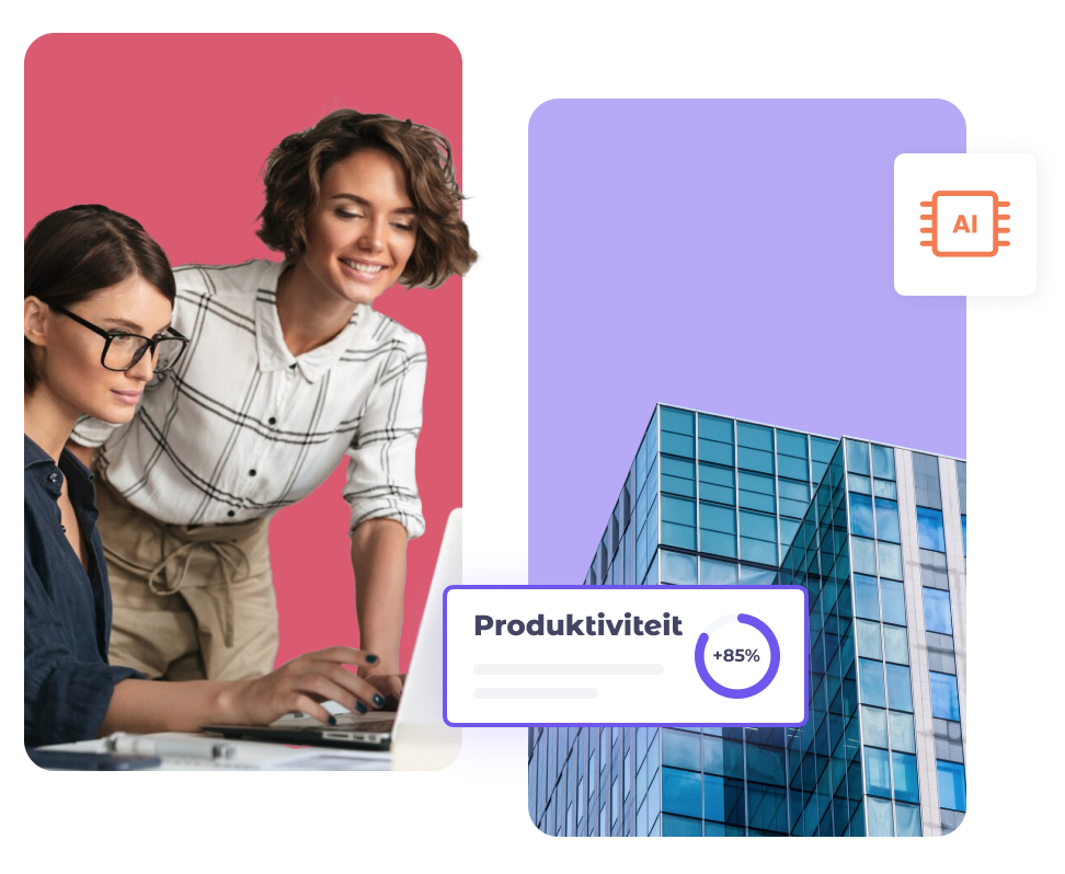 Twee vrouwen voor een laptop op een roze achtergrond links en een gebouw op een paarse achtergrond rechts.