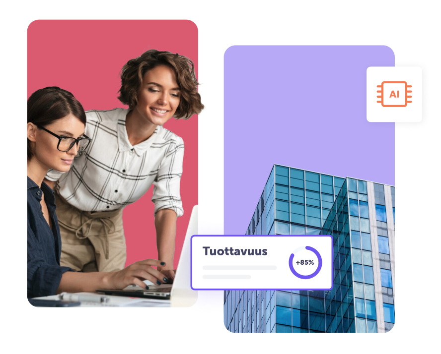 Kaksi naista kannettavan tietokoneen äärellä vaaleanpunaisella taustalla vasemmalla ja rakennus violetilla taustalla oikealla.