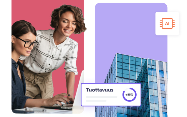 Kaksi naista kannettavan tietokoneen edessä vaaleanpunaisella taustalla vasemmalla ja rakennus violetilla taustalla oikealla.