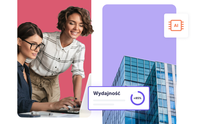 Dwie kobiety przed laptopem na różowym tle po lewej i budynek na fioletowym tle po prawej.