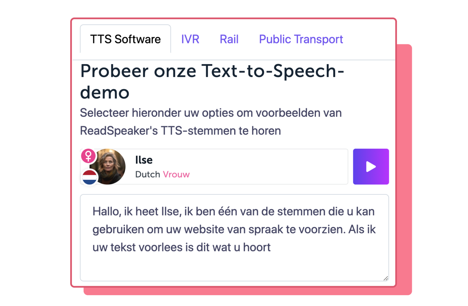 ReadSpeaker demotool-illustratie met Amerikaanse vrouwelijke avatar. De stem heet Ilse.