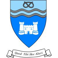 Logo of Stafford Grammar School. A white castle with a blue background.