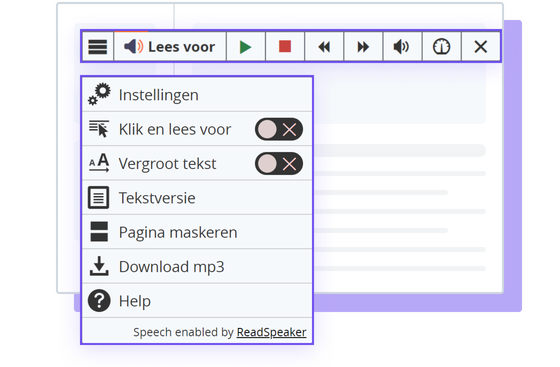 Illustratie van de ReadSpeaker webReader-tool met getoonde opties en instellingen.