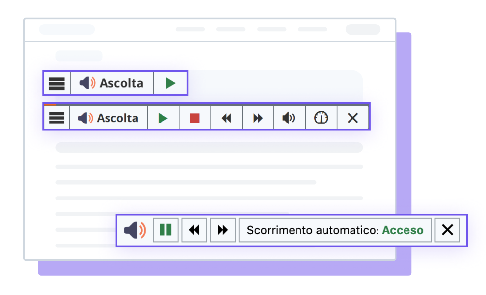 Illustrazione dello strumento ReadSpeaker webReader con opzioni e impostazioni mostrate.