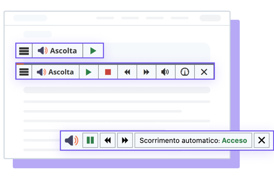 Illustrazione dello strumento ReadSpeaker webReader con opzioni e impostazioni mostrate.