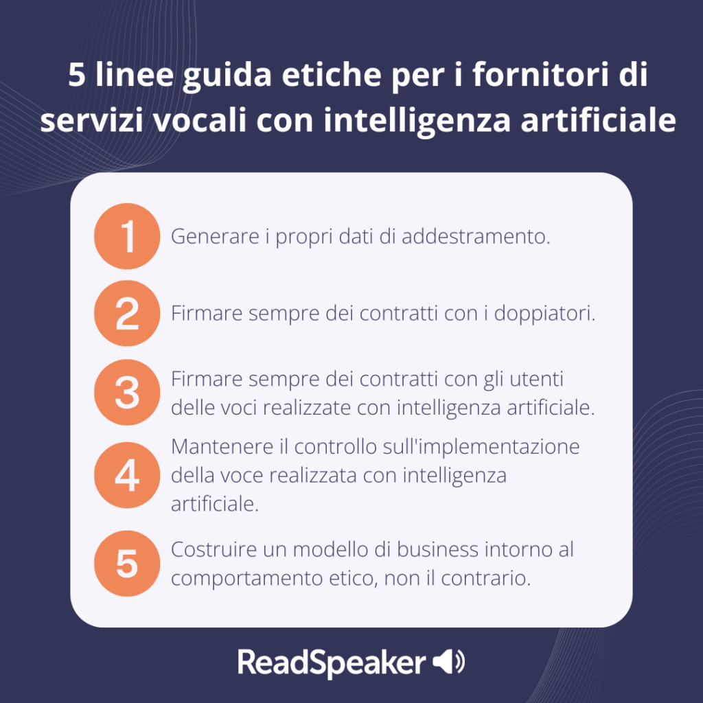 Le linee guida etiche di ReadSpeaker per i fornitori di voci realizzate con intelligenza artificiale.