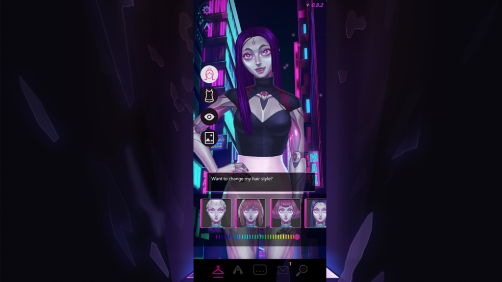 A robot-like character from a video game asks the gamer to change the color of her hair.