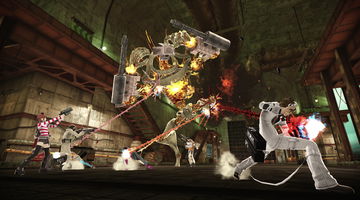 Screenshot from an early in-game footage of the game, action shot with multiple characters fighting robots and monsters.