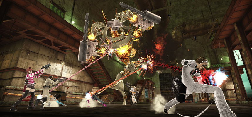 Screenshot from an early in-game footage of the game, action shot with multiple characters fighting robots and monsters.