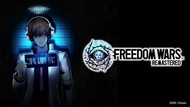 A logo with the words "FREEDOM WARS" and an eye in front of him.