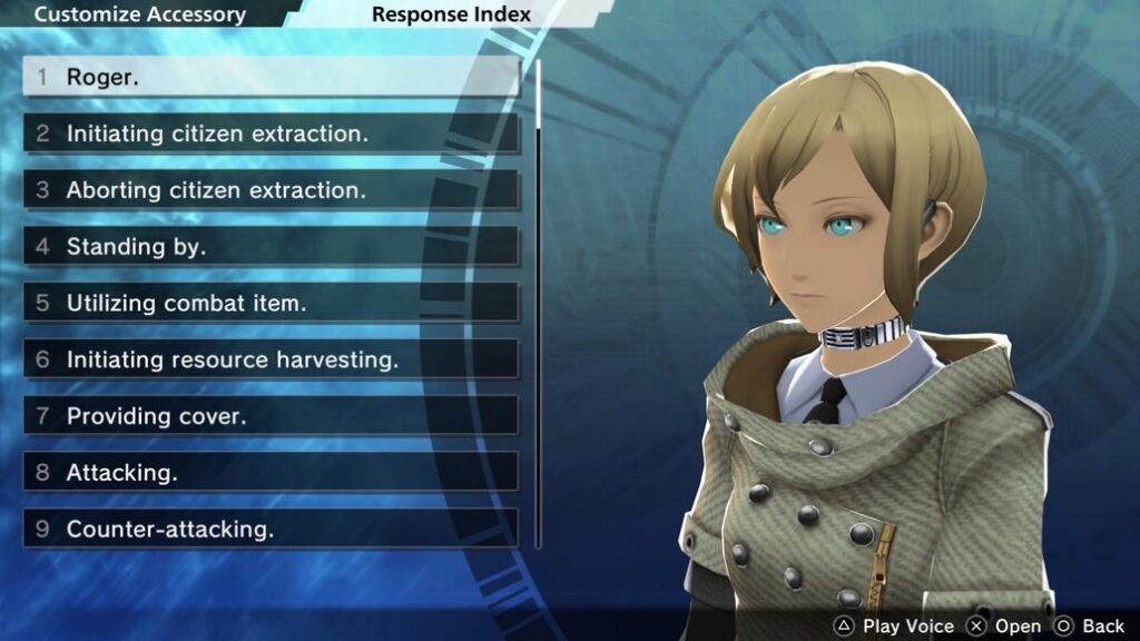Game screen with an anime character in casual attire with short blonde hair and blue eyes.