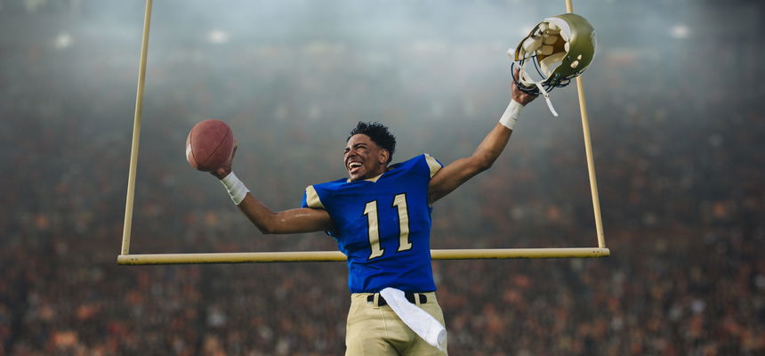 Teenage American football player celebrating victory in stadium.