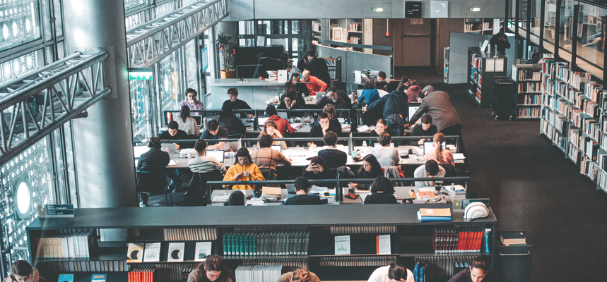 A library with students studying.