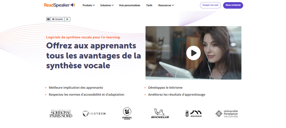 Page du site de ReadSpeaker consacrée à la synthèse vocale pour l'éducation.