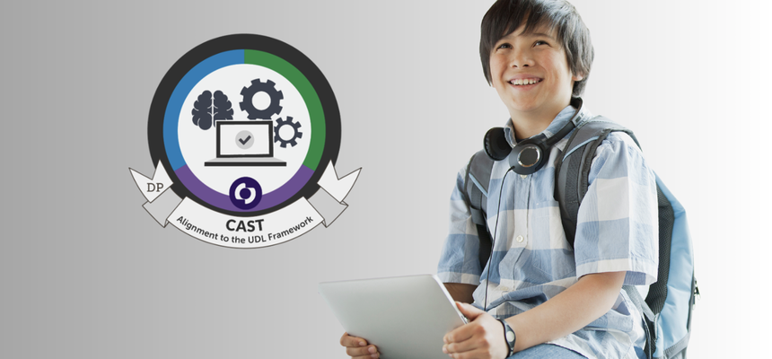 Student with headphones holds a tablet beside the CAST 'Alignment to the UDL Framework' certification badge featuring brain, laptop, and eye icons in the UDL colors.