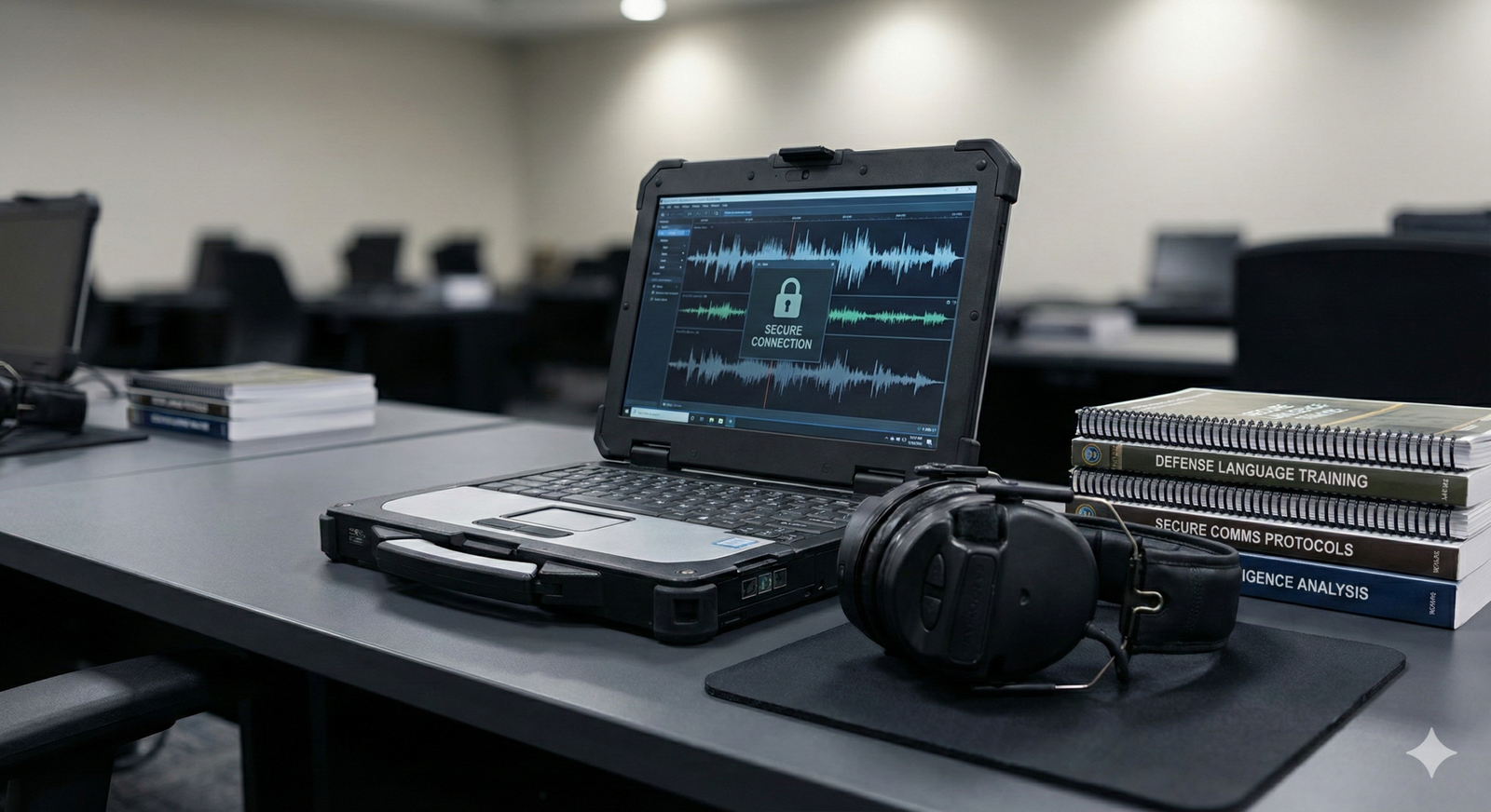 Rugged military laptop displaying secure audio waveforms with headphones and defense training manuals on a desk in a training facility.