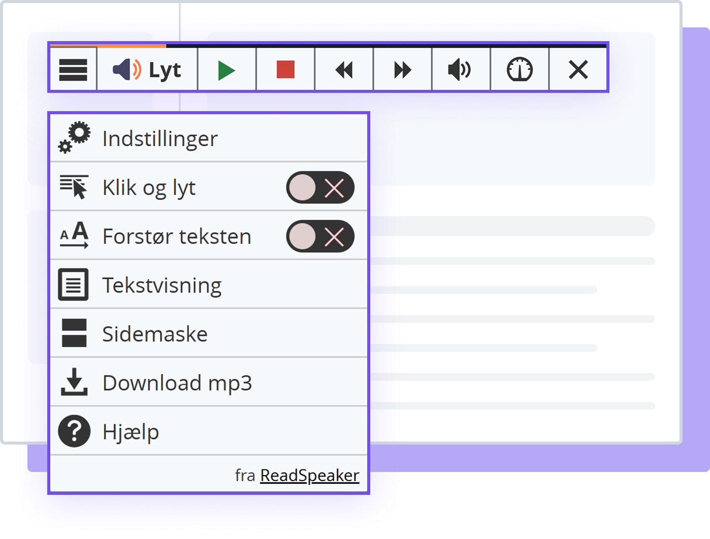 Illustration af ReadSpeaker webReader-værktøjet med viste muligheder og indstillinger.