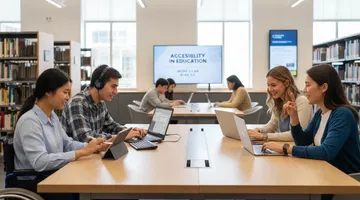 Quatro estudantes em uma biblioteca.