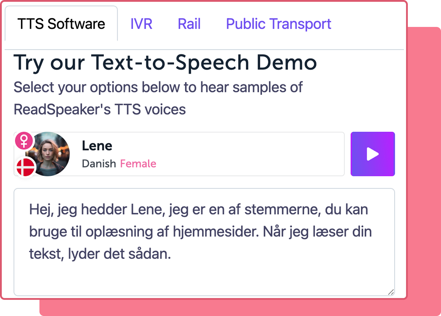 Illustration af ReadSpeaker demo-værktøjet med en kvindelig avatar. Stemmens navn er Ilse.
