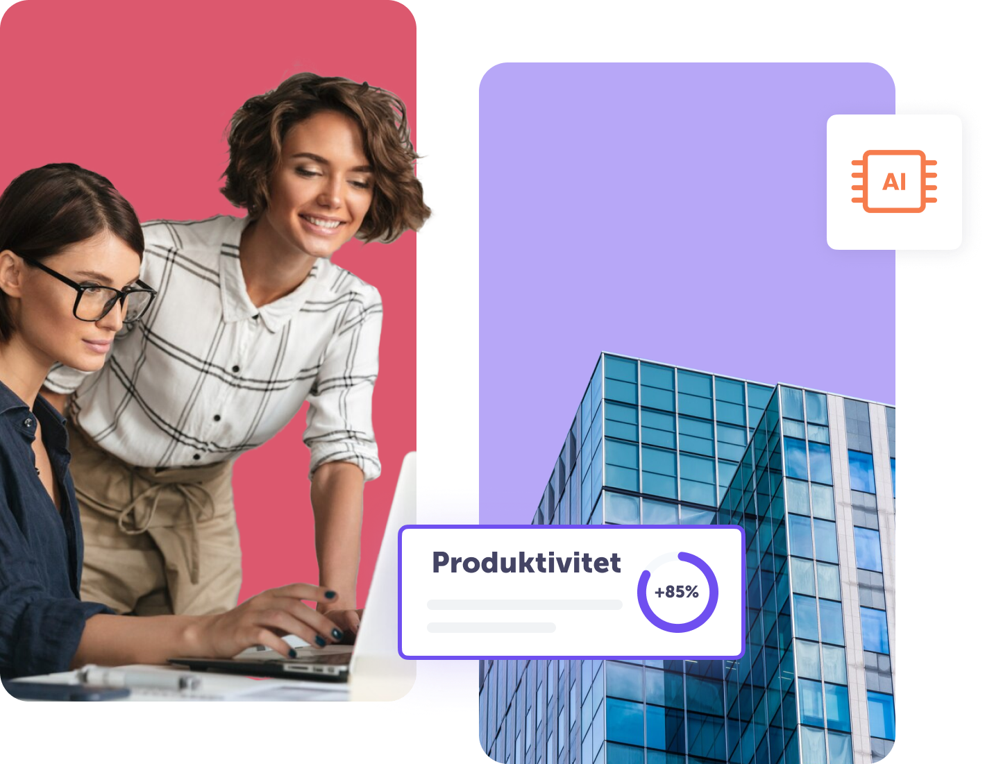 To kvinder foran en bærbar computer på en lyserød baggrund til venstre og en bygning på en lilla baggrund til højre.