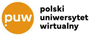 Polski Uniwersytet Wirtualny (PUW) logo: orange circle with white puw letters and the full university name in black text