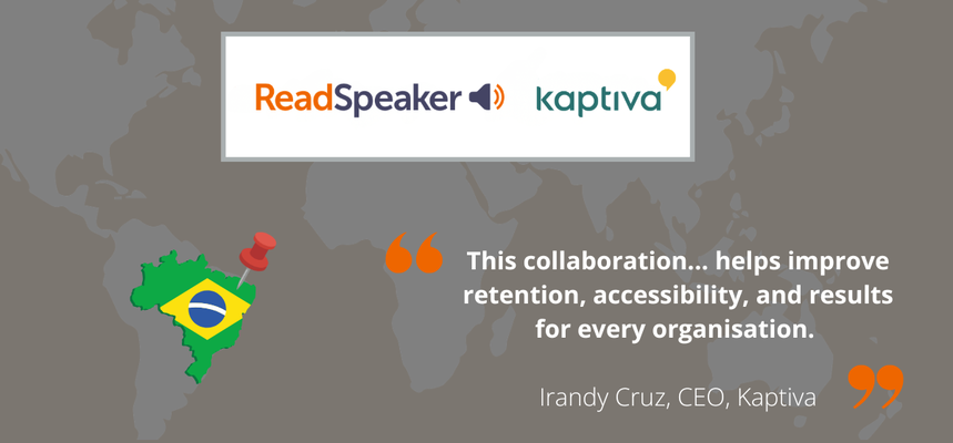 Image showing map of Brazil and the logos of ReadSpeaker and Kaptiva, representing new partnership agreement.